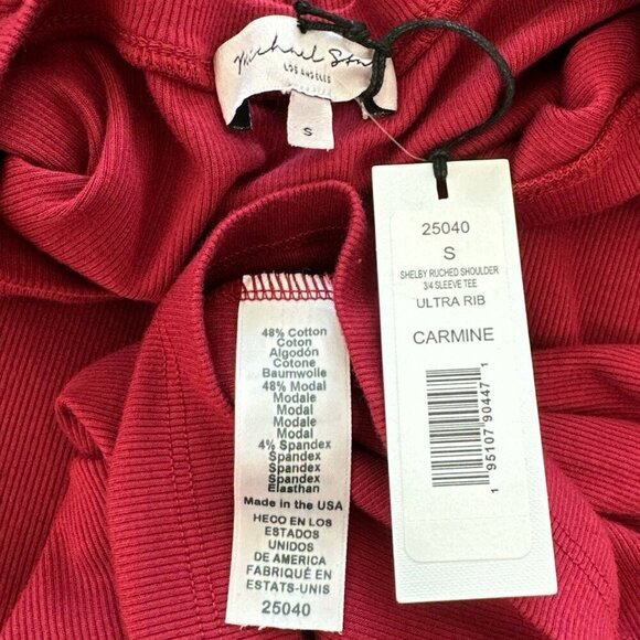 Michael Stars Shelby Red 3/4 Sleeve Knit Top Ultra Rib Ruched Shoulder NWT New S - Picture 7 of 7